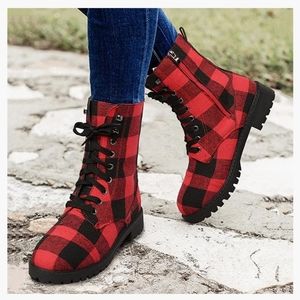 Red Black Checked Fashion Casual Lace Up Chunky Block Mid Heels Boots